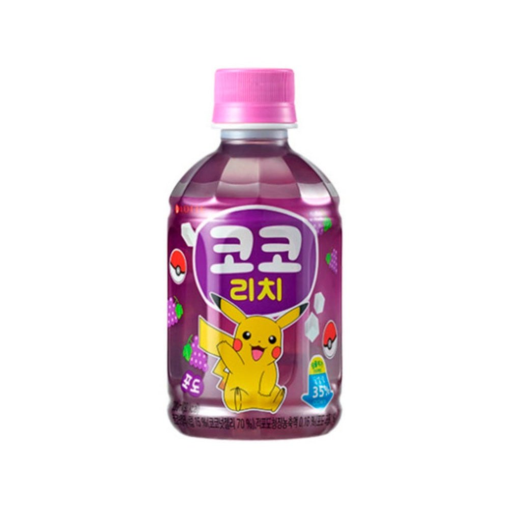 Une bouteille mauve sur fond blanc avec Pikachu